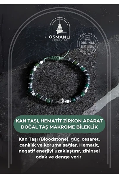 OSMANLI DOĞAL TAŞ Certified Bloodstone, Hematite Zircon Apparatus Natural Stone Macrame Bracelet