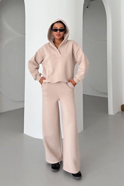 MODAGEN Set de trening pentru femei, bej, cu decolteu în V, cu glugă