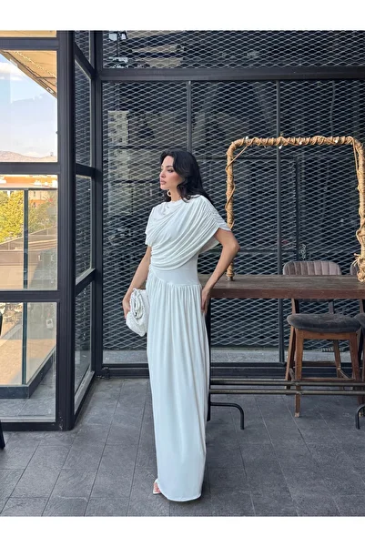 LOCH BUTİK Women's White Shirred Draped Maxi Dress