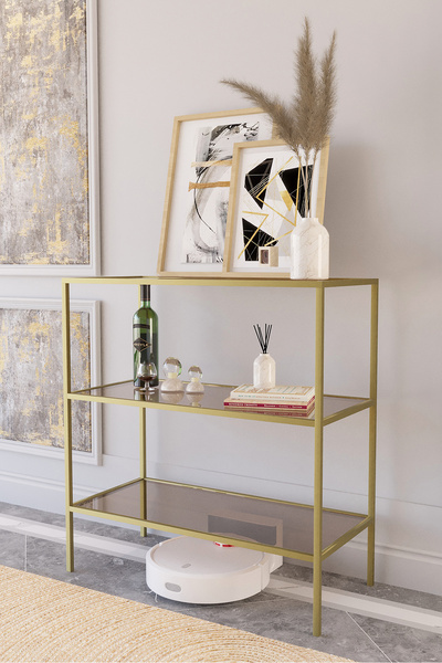 Dekoport Metal Dresuar Kahve Köşesi Mat Gold Metal, Temperli Kırılmaz Bronz Cam