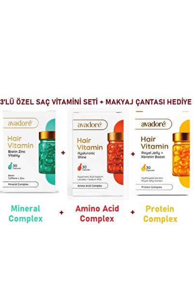 -3'LÜ SET SAÇ VİTAMİNİ + MAKYAJ ÇANTASI HEDİYE - MINERAL-AMINO ACID-PROTEİN COMPLEX- 90KAPSÜL