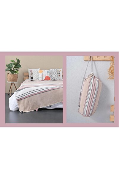 AKSU Ponponlu Bez Çantalı Pamuk Battaniye PBT-376-K