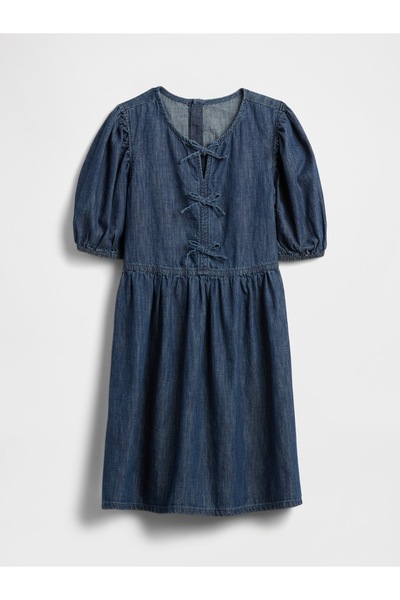 GAP Kız Çocuk Mavi Denim Puff-Sleeve Elbise