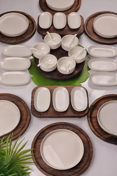 Atbyhome Bambum Pavlonya Shine Natural Wood and Ceramic 39 Piece Breakfast Presentation Set Breakfast Set Breakfast S