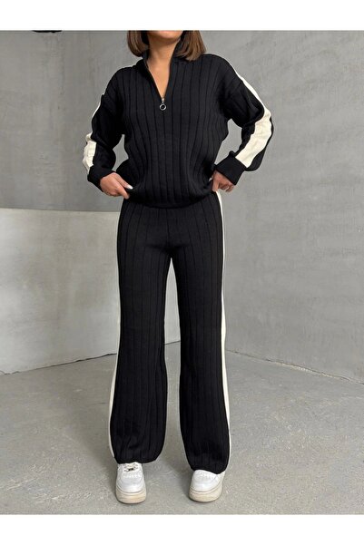 URİS Set din două piese damă, detaliu dungat, pulover negru și pantaloni Palazzo