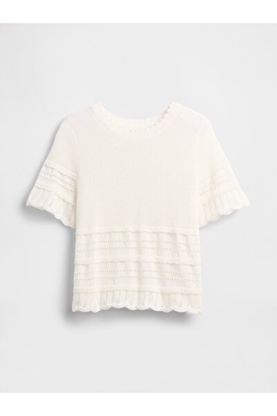 GAP Kadın Beyaz Linen-Blend Pointelle Crop Kazak