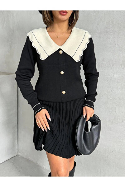 URİS Set de două piese pentru femei, negru, elegant, cu rever, cardigan, bluză, fustă, jos, sus