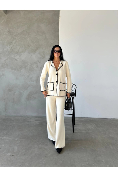 URİS Γυναικείο Σετ Πλεκτό Εκρού με Διπλή Τσέπη Ζακέτα και Παντελόνι
