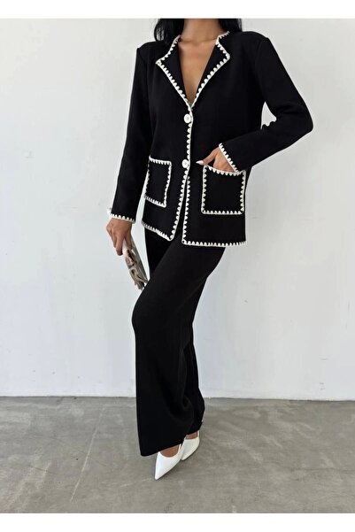 URİS طقم كارديجان نسائي أسود بجيب مزدوج ومفصل من الأسفل إلى الأعلى