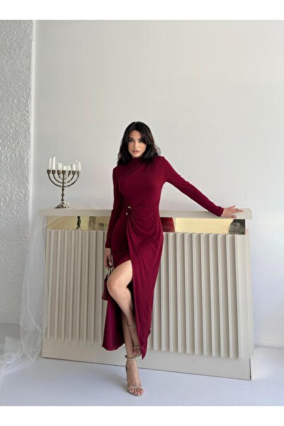 Serica Moda Bordo Büzgülü Aksesuar Detaylı Elbise