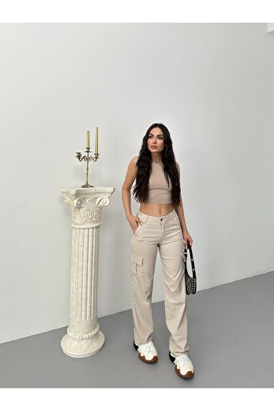 DENİMJESST Kargo Cepli Likralı Yüksek Bel Wide Leg Pantolon