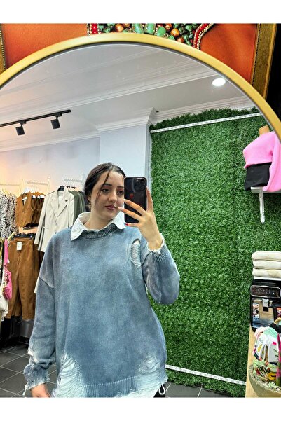 Butik Yıkamalı Sökük Detaylı Triko Kazak