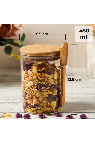 Elindor Set of 2 Elindor® Glass Containers, Jars with Bamboo, 450 ml, Dimensions 12.5x8.5cm, Transparent