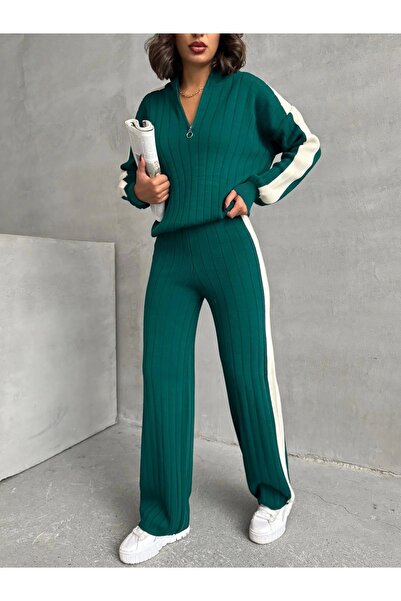 URİS Set din două piese pentru femei, cu detalii elegante de șerit, pulover verde și pantaloni Palazzo