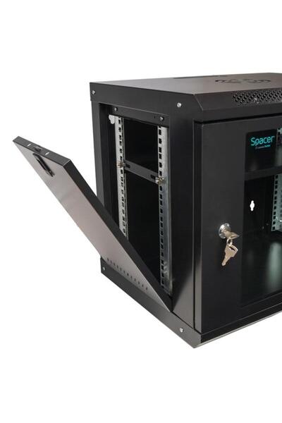 Spacer Dulap 19″ 9U 500x450mm, montare pe perete, Flatpack, negru, panouri detașabile