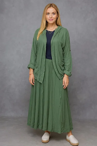 AGORATEKSTİL Women's Wrinkle Fabric Hooded Jacket and Skirt Set