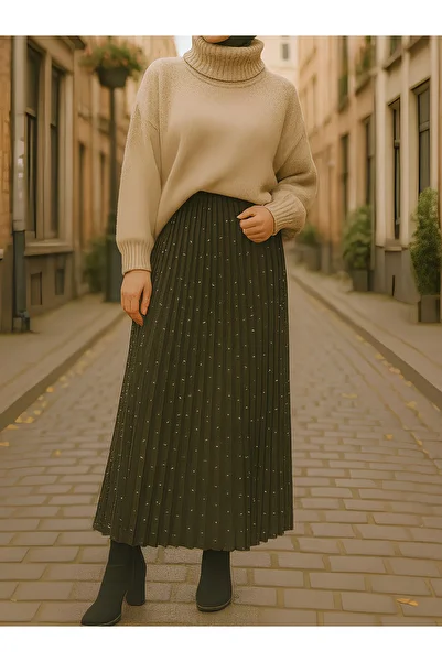 VOICTEC Unlined Stone Detailed Pleated Skirt Leather Effect Standard Size (Compatible with 38-44)
