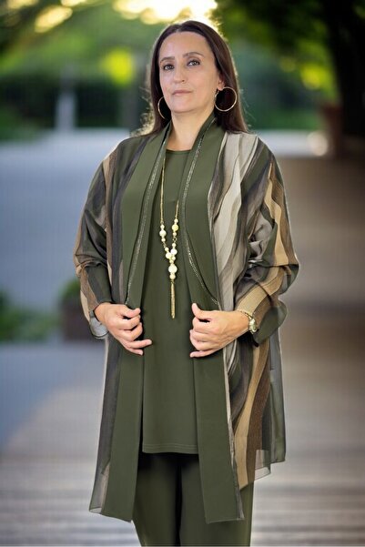 yagmurberen Stone Embroidered Shawl Collar Chiffon Jacket, Bicycle Collar Long Sleeve Bluse, Elastic Waist Pants, 3-Piece Set