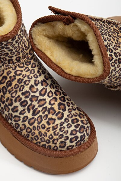 Hayalimdeki Ayakkabı Mini Cırtcırtlı Leopar Süet Yarım Bot içi Tüylü Düz Taban Kadın Ayakkabı