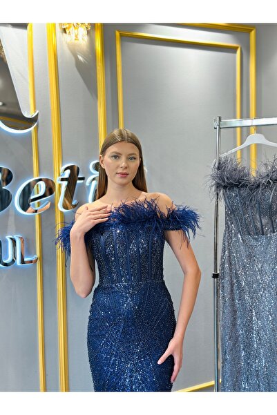 Bestway ve Diğeri Full Dantel Tüylü Off Shoulder Abiye Ve Nişan Elbisesi