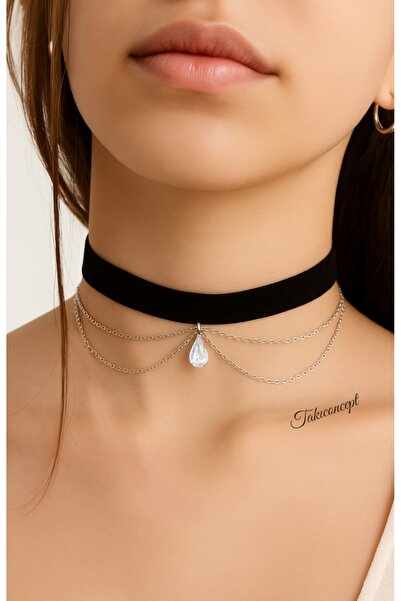 TakıConcept Kristal Damla Detaylı Zincirli Choker Kadın Kolye