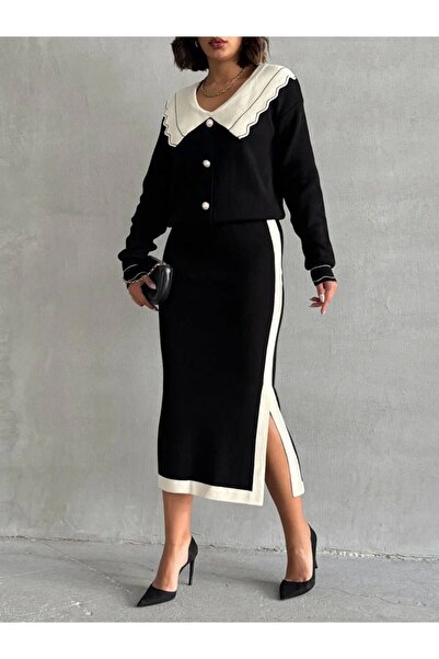 URİS Set de tricotaje pentru femei, cu detaliu de guler elegant, cardigan, fustă, partea de jos, partea de sus - negru