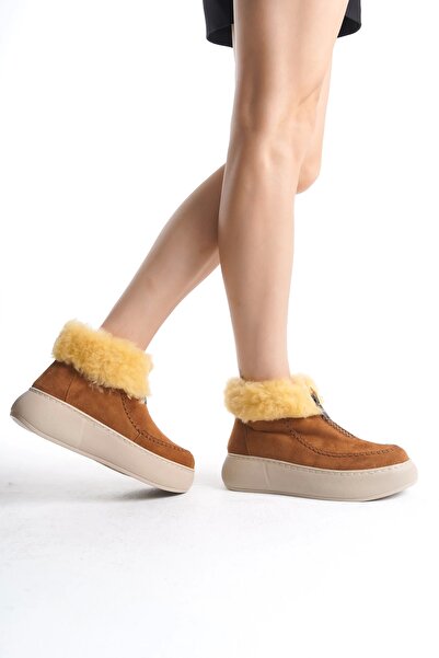 CAMOLLA Taba Süet Kürk Astarlı Önden Fermuarlı İçi Kürklü Kalın Taban Rahat Kadın Bot