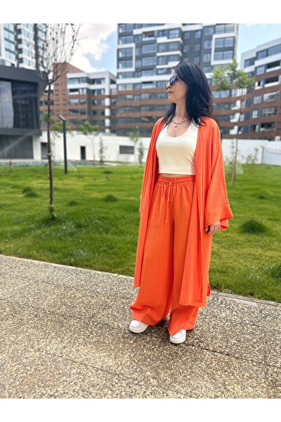 Turuncu Uzun Kimono Gofre 2’li Takım – Rahat ve Şık Set (Kimono + Pantolon)