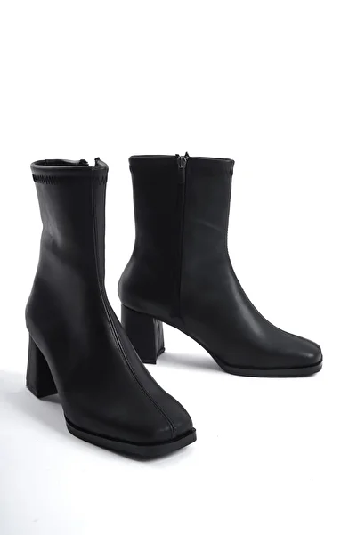 CAMOLLA Black Skin Women's Skin Mid-Calf Blunt Toe Thick Heeled Boots