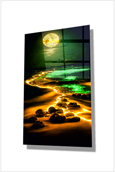 kontemcam Ay Manzaralı Cam Tablo – Deniz ve Işıklı Yol Tasarımı, Minimalist E...