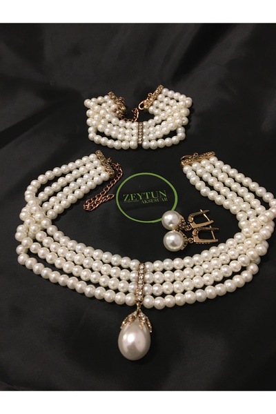 ZEYTUN 6 mm Glass Pearl Design Chocker Necklace, Bracelet and Earring Set of 3 – Adjustable Elegant Jewelry Set
