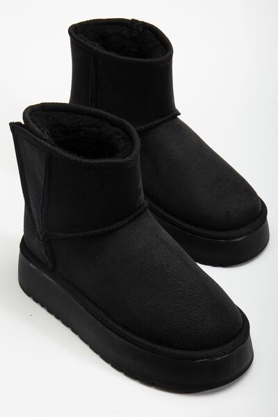 Hayalimdeki Ayakkabı Μίνι Velcro Μαύρα Suede Μποτάκια με γούνινη επένδυση στη μέση, Επίπεδη σόλα Γυναικεία παπούτσια