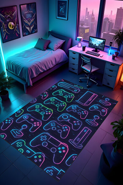 Liriya Dijital Baskı Oyun Odası Gamer Halısı Makinede Yıkanabilir Anti Bakter...
