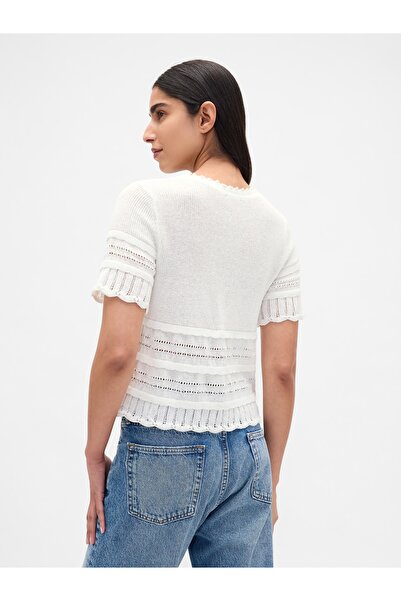 GAP Kadın Beyaz Linen-Blend Pointelle Crop Kazak