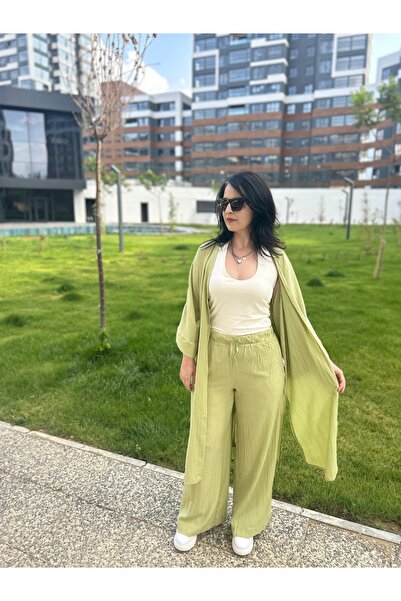 Yeşil Uzun Kimono Gofre 2’li Takım – Rahat ve Şık Set (Kimono + Pantolon)