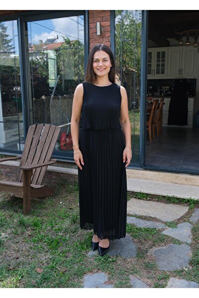 snc Piliseli Uzun Şifon Elbise Siyah