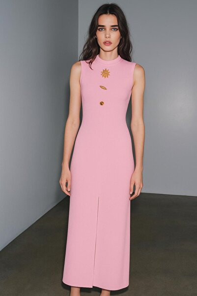 HAKKE Ottoman Fabric Long Pencil Dress with Accessory Detail and Front Slit