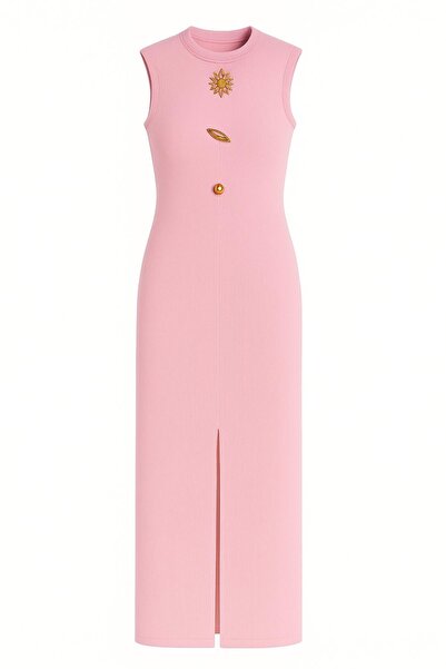 HAKKE Ottoman Fabric Long Pencil Dress with Accessory Detail and Front Slit