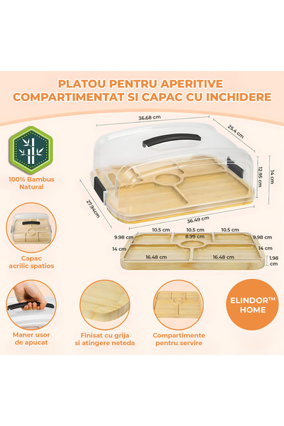 Elindor ® Bamboo Cheese and Appetizer Platter with Lid, Divided Tray, 36.5 x 27.94 x 14 cm, Beige