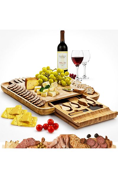 Elindor ® Bamboo Serving Platter Set, Cheese Knives, Forks, Labels – Ideal for Appetizers