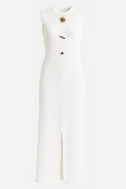 HAKKE Ottoman Fabric Long Pencil Dress with Accessory Detail and Front Slit