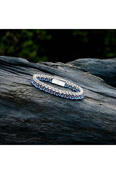 SHUİLL Blue and Silver Hematite Bracelet with Steel Chain