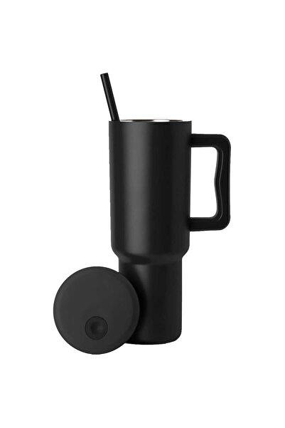 Elindor Thermos Mug with Handles and Straw Lid, 1200 ml, Stainless Steel, Black