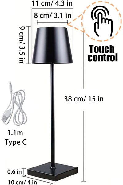 Taimi Metal Cordless Lamp,Touch Dimming,Wireless,IP54 Waterproof,Rechargeable,3 Color Modes,Black