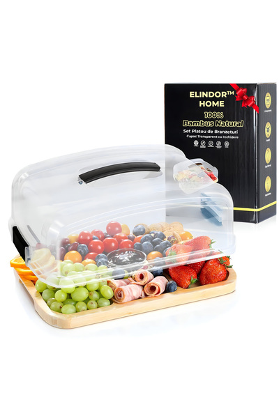 Elindor ® Bamboo Cheese and Appetizer Platter with Lid, Divided Tray, 36.5 x 27.94 x 14 cm, Beige