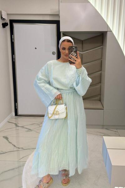 megapol giyim Women's Mint Green Crew Neck Bat Sleeve Set