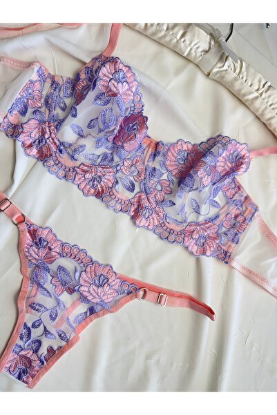 ROZENİN LINGERIE Çiçek Desenli Transparan Bralet Sütyen Takımı
