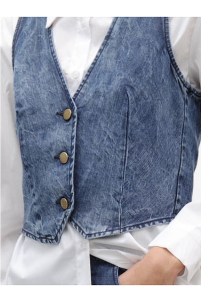 LUMİNA FASHİON Denim effect vest with V-neck, size S, blue color, LUMINA Fashion Italia