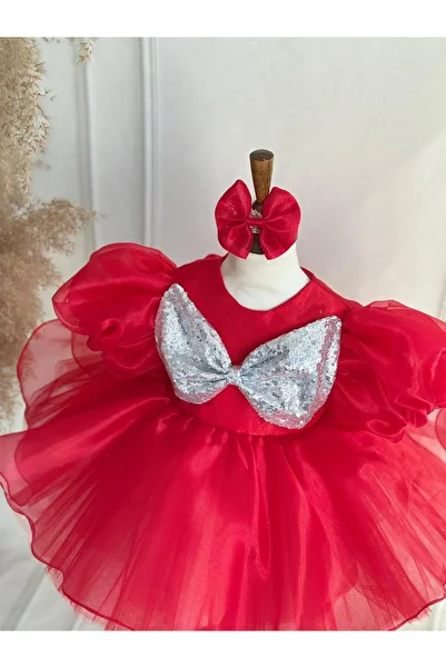 Hobidik Red Gray Sequin Bow Organza Girls Party Dress