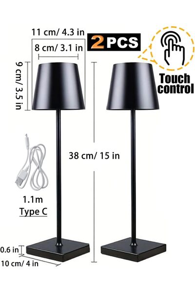 Taimi Cordless Lamps Set of 2,Touch Dimming,Wireless,IP54 Waterproof,Rechargeable,3 Color Modes,Black